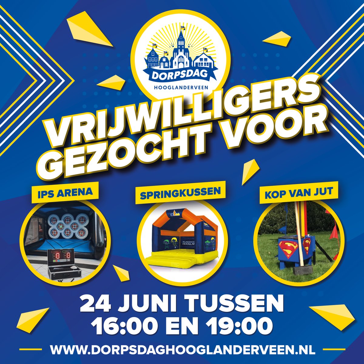 We kunnen al rekenen op de hulp van 140 (!!!) vrijwilligers, maar bij deze 3 kinderactiviteiten missen we tussen 16:00 en 19:00 nog een vrijwilliger om ook deze planning rond te maken.
Help jij een paar uurtjes mee?

Aanmelden kan eenvoudig via dorpsdaghooglanderveen.nl/aanmelden