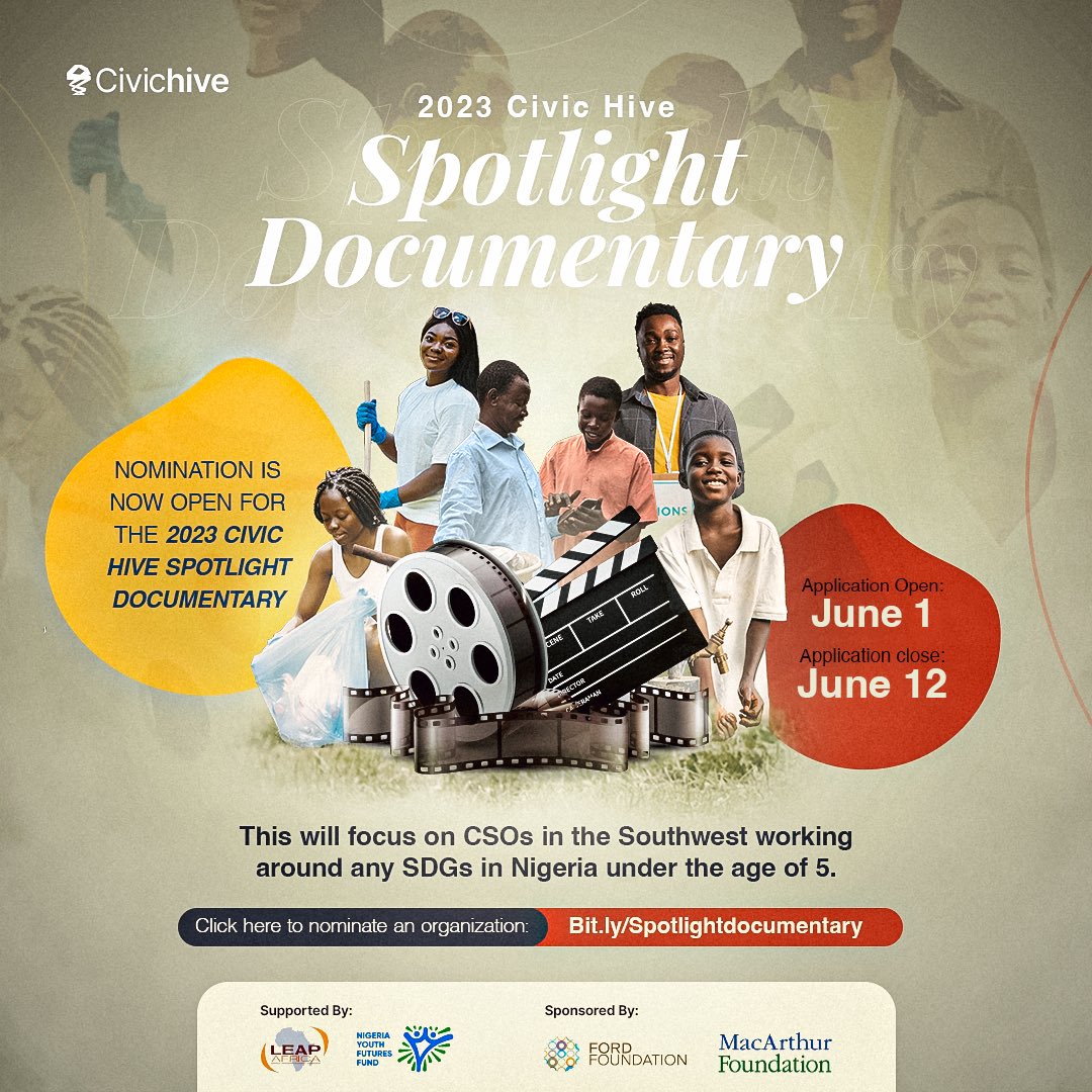 CivicHive's tweet photo. Hello ChangeMakers!🎉🎉🎉

We are delighted to announce that the ‘2023 Civic Hive Spotlight Documentary’ is now accepting nominations. 

Our goal is to identify and spotlight organizations &amp; founders in Southwest Nigeria who are doing incredible work around SDGs to document..
1/2 https://t.co/CqEYP63CTf