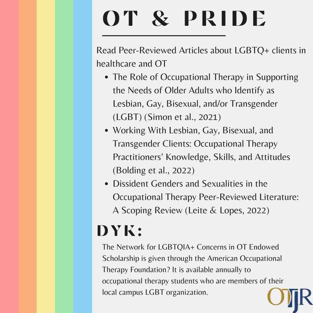 It is the first day of #PrideMonth! It is critical that #OTPs know how to support #LGBTQ+ clients with evidence-based care &amp; know how to advocate for LQBTQ+ equity in #OT
Check out The Network for LGBTQIA+ Concerns in OT Endowed Scholarship at AOTF
aotf.org/Scholarships/A…