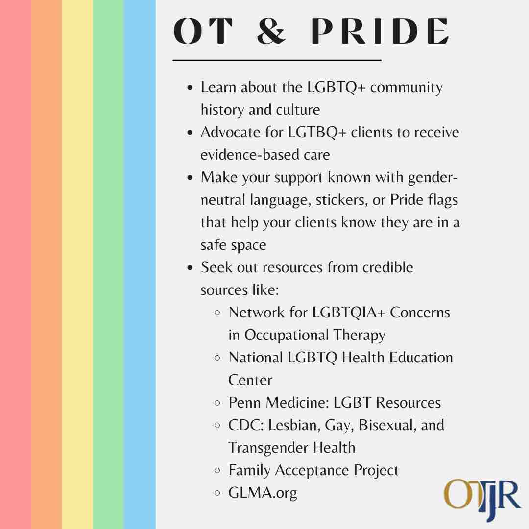 OTJRJournal's tweet image. It is the first day of #PrideMonth! It is critical that #OTPs know how to support #LGBTQ+ clients with evidence-based care &amp;amp; know how to advocate for LQBTQ+ equity in #OT
Check out The Network for LGBTQIA+ Concerns in OT Endowed Scholarship at AOTF
aotf.org/Scholarships/A…