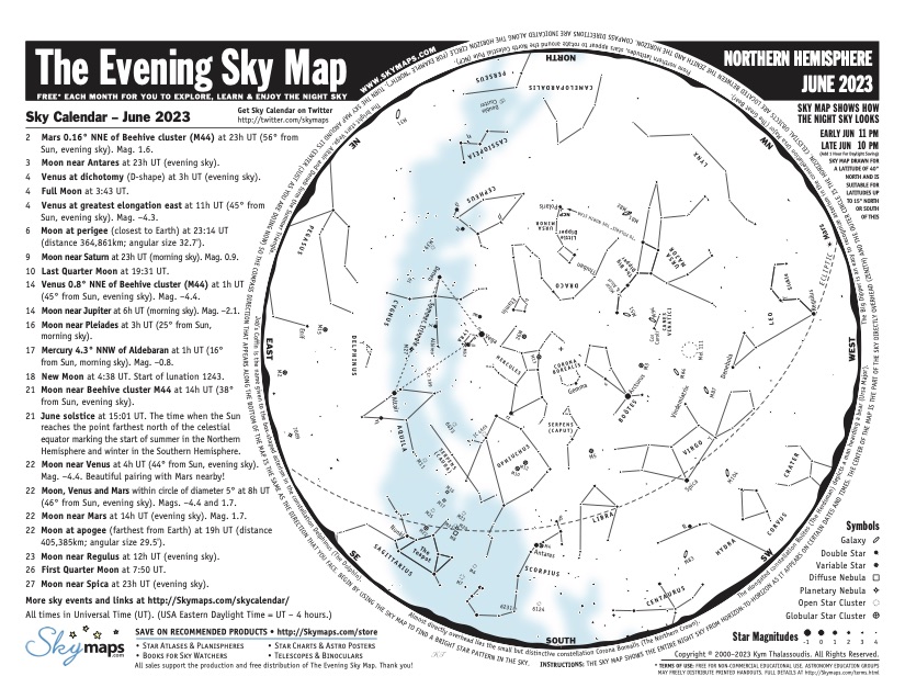 Reminder -- The Evening Sky Map (PDF) for June 2023 is now available to download at skymaps.com/tesm/ Please share &amp; enjoy the stars! #stargazing #astronomy #stars