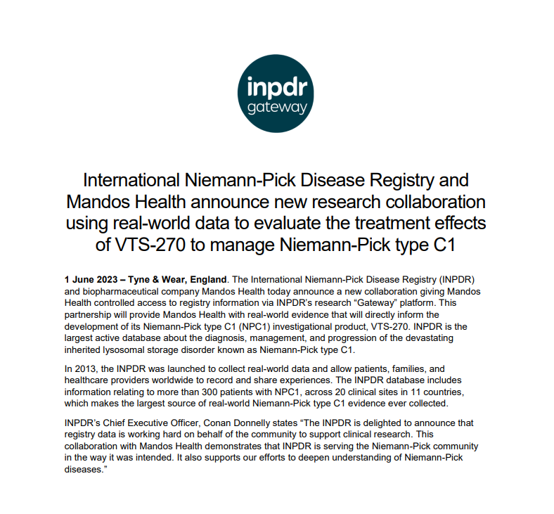 inpdr_registry's tweet image. Pleased to share the following update: 'International Niemann-Pick Disease Registry and
Mandos Health announce new research collaboration
using real-world data to evaluate the treatment effects
of VTS-270 to manage Niemann-Pick type C1'

inpdr.org/wp-content/upl…

#Mandos #INPDR