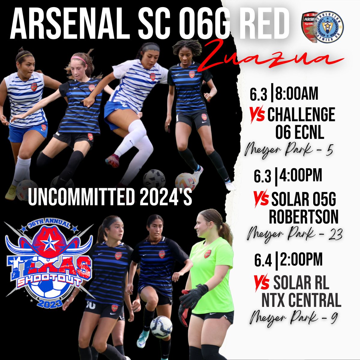 💥36th ANNUAL TEXAS SHOOTOUT!
Come check out our #UNCOMMITTED 2024’s this weekend in HOUSTON! 
- @LoriBarrientos8 
- @HaileyAndrle 
- @laynalop 
- @gaby1williams 
- Stephanie Arreola
- Bella Maldonado
- @TannerSorenson2
