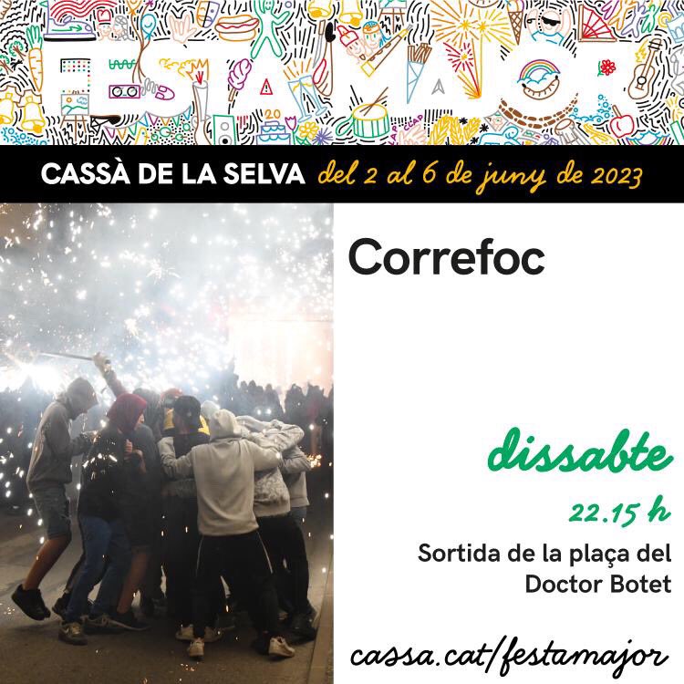 Aquest dissabte 3 de Juny toca correfoc a la FM de <a href="/ajcassa/">Ajuntament de Cassà</a> 

📍 Nou recorregut començant a la Pl. Doctor Botet.
🕙 22:15h

🔥🔥🔥