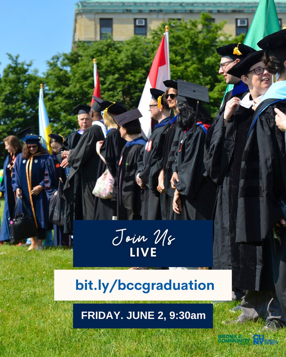 Can’t join us in person? Join us LIVE! 🎓 @BCCcuny 63rd Commencement Ceremony - Fri June 2 at 9:30am bit.ly/bccgraduation 

#commencement #graduation #graduation2023 #bronxcommunitycollege #wearebcccuny #cunyproud