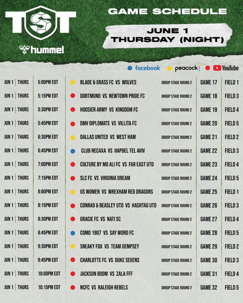 TODAY’S FULL SCHEDULE AND WHERE TO WATCH📺⚽️

Our first game is <a href="/BlackYellow/">Borussia Dortmund</a> vs Hoosier Army (<a href="/IndianaMSOC/">Indiana Men's Soccer</a>) on <a href="/peacock/">Peacock</a> at 9:00AM EDT

Let the games begin…