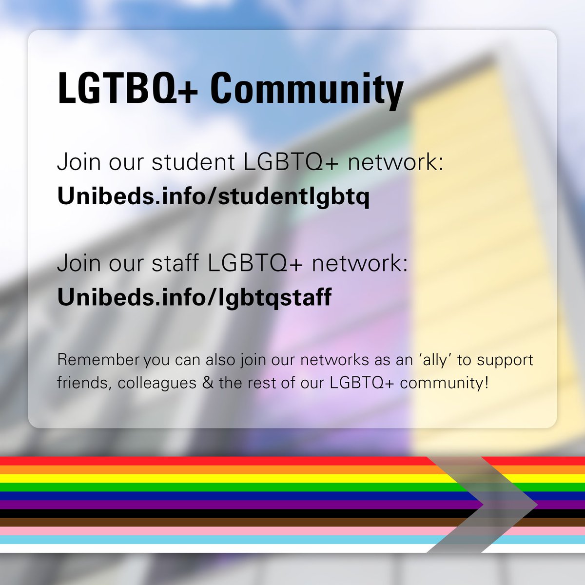 uniofbeds's tweet photo. Wishing all of our students, staff & local community a happy #PrideMonth! π³οΈβππ³οΈββ§οΈ
Swipe to take a look at the events taking place this month, see how to join our LGBTQ+ community and see more info at: https://t.co/ilsJa46WZe πΒ
#UniofBeds #BedsSU #Pride #LGTBQ https://t.co/rv6cqTt7v3