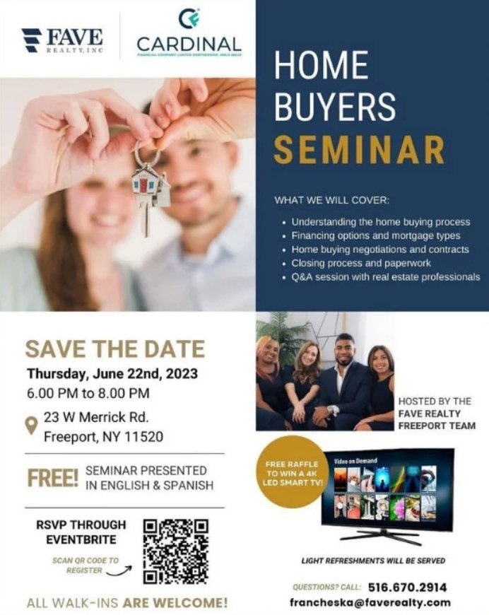 📢 CALLING ALL HOME BUYERS🏘🏡

Explore @faverealty Newest Long Island Location For The Next Home Buying Seminar. Latest Strategies, Statistics, and Insights On Today Real Estate Market Plus It's Conditions From Some Of New York's Top Producing Agents

Register Now On The Link