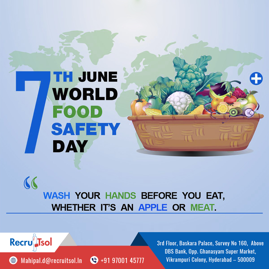 World Food Safety Day is celebrated on June 7 every year to encourage producers, consumers and governments to acknowledge the mutual responsibility of food safety.
#WorldFoodSafetyDay #worldfoodsafetyday #worldfoodsafetyday🍏 #worldfoodsafetyday2023

🌐recruitsol.in