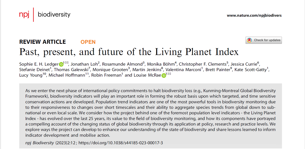 New paper exploring the #LivingPlanetIndex project’s evolution over 25 yrs: the index &amp; its development, applications, &amp; future directions. Thanks to <a href="/LPI_Science/">Living Planet Index</a> &amp; co-authors – a great team effort! Thrilled! My 1st, 1st author paper in <a href="/npjbiodiversity/">npj Biodiversity</a>!  rdcu.be/dduod