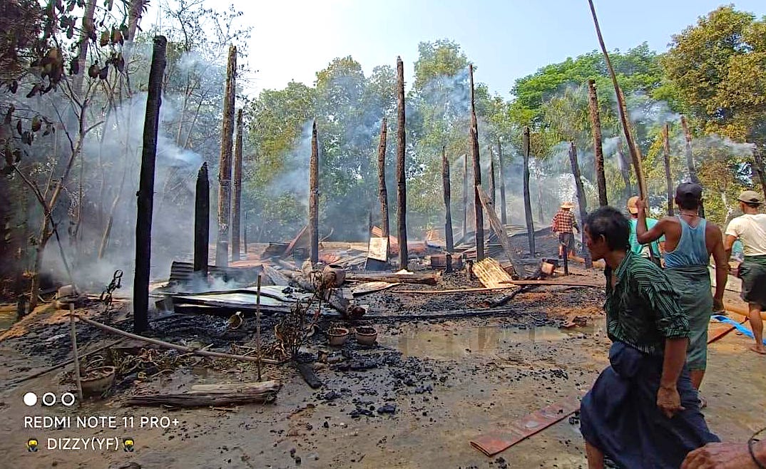 IrrawaddyNews's tweet photo. Junta troops have killed five residents and torched 656 houses in raids on 25 villages in Yay Lel Kyun in Magwe Region’s Yesagyo Township since May 26, civilian township authorities said. (Photo: Moe Kwe Village in Yay Lel Kyun is seen after a junta raid) #WhatsHappeningInMyanmar https://t.co/6VXtFpkgt2