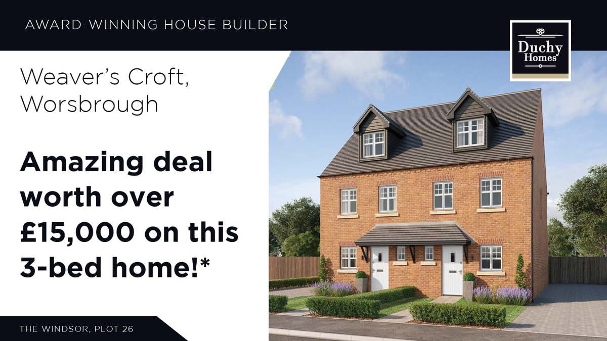 Reserve plot 26 in Worsbrough by 30 June 2023 to receive £2,000 towards energy bills, £1,000 towards legal fees, removals package, floor tiling, carpets, &amp; integrated appliances!
No stamp duty - book appointment now.
bit.ly/3IQ11Xz
#Worsbrough #NewHome #SpecialOffer