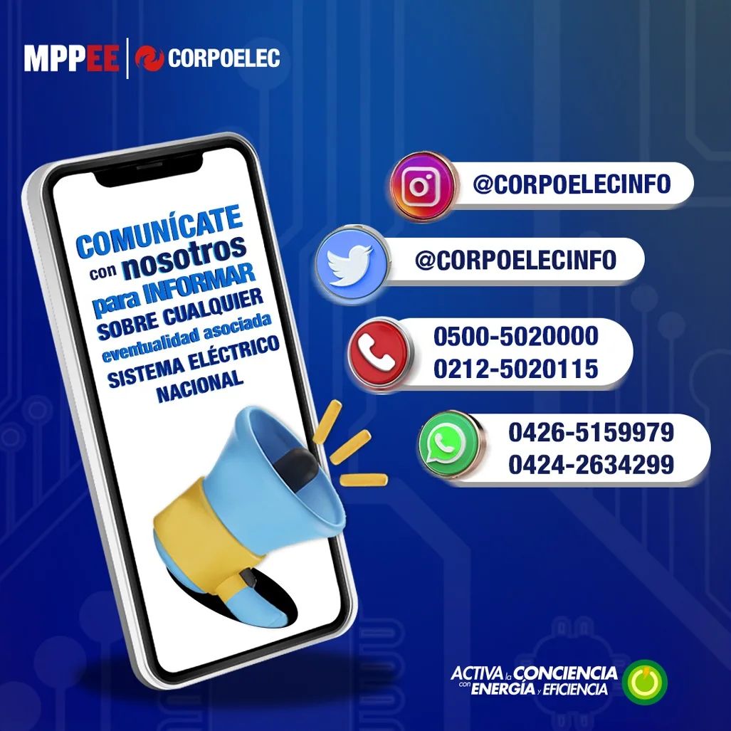 Reporta toda manipulación indebida en el SEN.      
 
 📩denunciasalasmafias@gmail.com
 
📱IG: ✅Ministerioenergiaelectrica
✅Corpoelecinfo
 
📱Twitter:
✅@mppeevzla
✅<a href="/corpoelecinfo/">Corporación Eléctrica Nacional</a>

#IntegraciónEnLaDiversidad