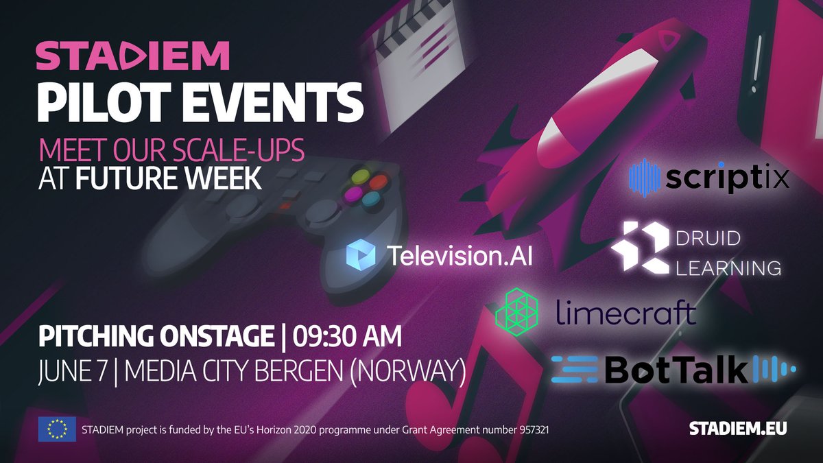 The #PilotEvents fly to Norway 🇳🇴 Join us and our #scaleups next <a href="/MediaCityBergen/">Media City Bergen</a> for #FutureWeek23 

Meet <a href="/bottalk_de/">BotTalk - Lifelike Text to Speech</a>, @LtdDruid, <a href="/Limecraft/">Limecraft</a>, #Scriptix (<a href="/FransOlst/">Frans Olsthoorn</a>) &amp; #TelevisionAI on June 7🚀
➡️ buff.ly/45J7xJQ

<a href="/EU_HaDEA/">HaDEA</a>