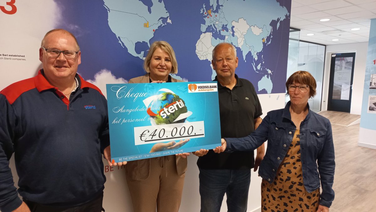 Onlangs hebben wij een cheque van €40.000 mogen overhandigen aan Stichting Voedselbank Achtkarspelen. Collega's die hebben gewerkt tijdens de Stertil Open Dag, hebben ervoor gekozen hun salaris voor deze dag te doneren. Het management heeft het bedrag nog eens verdubbeld.