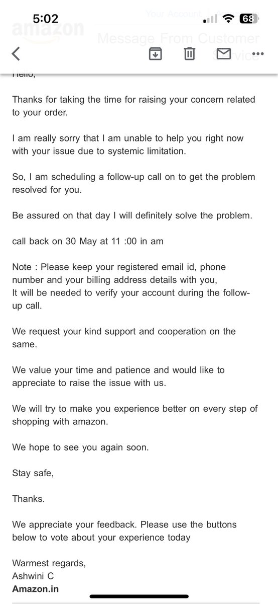 vijaychavan's tweet photo. @AmazonHelp This is the email I received on 29th May but your executive never came back with resolution as committed. Let me know if you want me to add order details here. https://t.co/Z2sgrelKA2