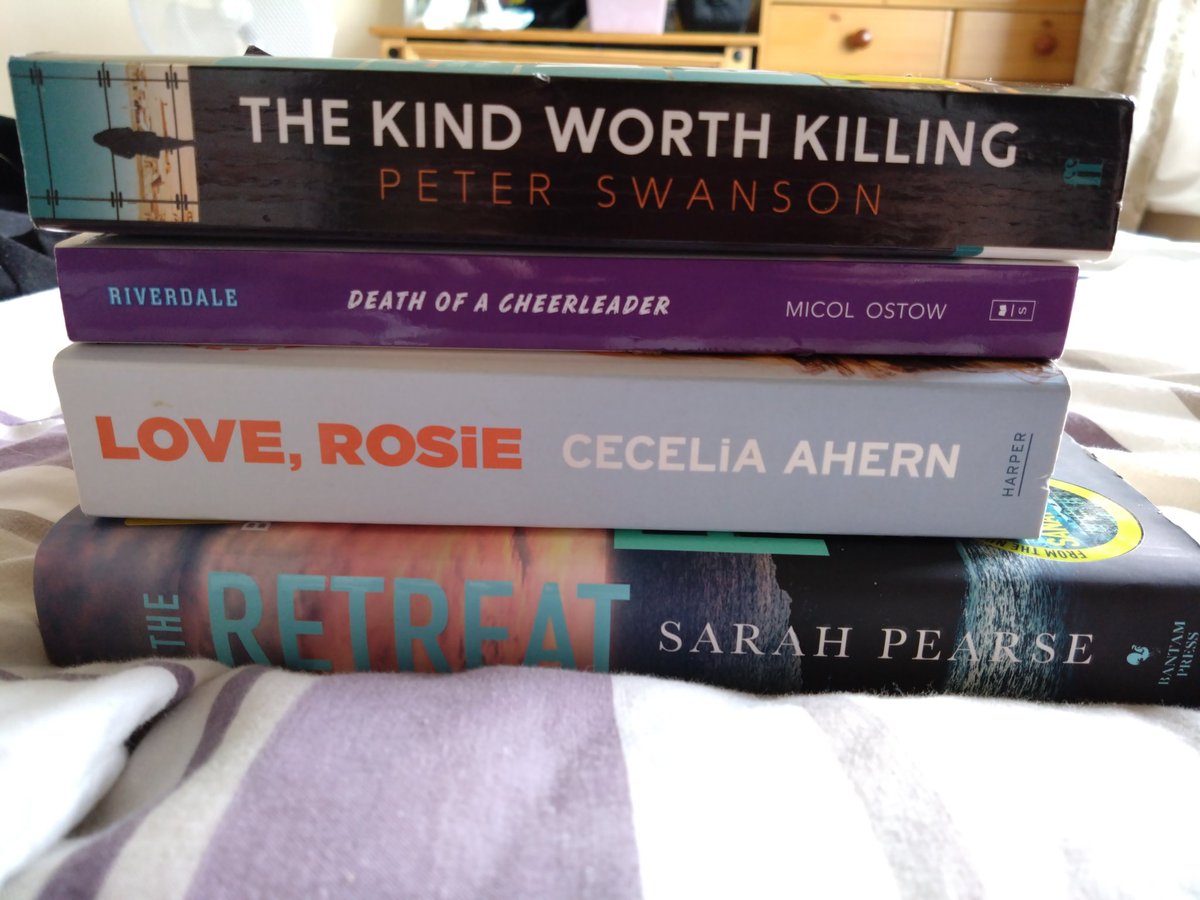 Charity shop haul! All of these beauties for the bargain total of £2! #PeterSwanson #Riverdale @Cecelia_Ahern #SarahPearce #TheRetreat #CharityShop #BookTwitter 📖