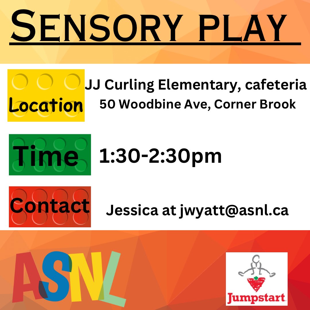 West coast families, please join us at JJ Curling Elementary cafeteria for a sensory play hour!! Building block, play dough, slime, and so much more already provided! No registration required.