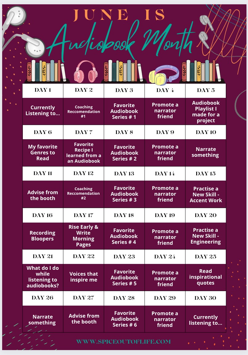 SpiceOutOfLife's tweet photo. JUNE is Audiobook month!

New blog article incoming, but in the mean time let's get to know eachother with another fun posting challenge!

#juneisaudiobookmonth #audiobookmonth #audiobooks https://t.co/uEqeD7w1l1