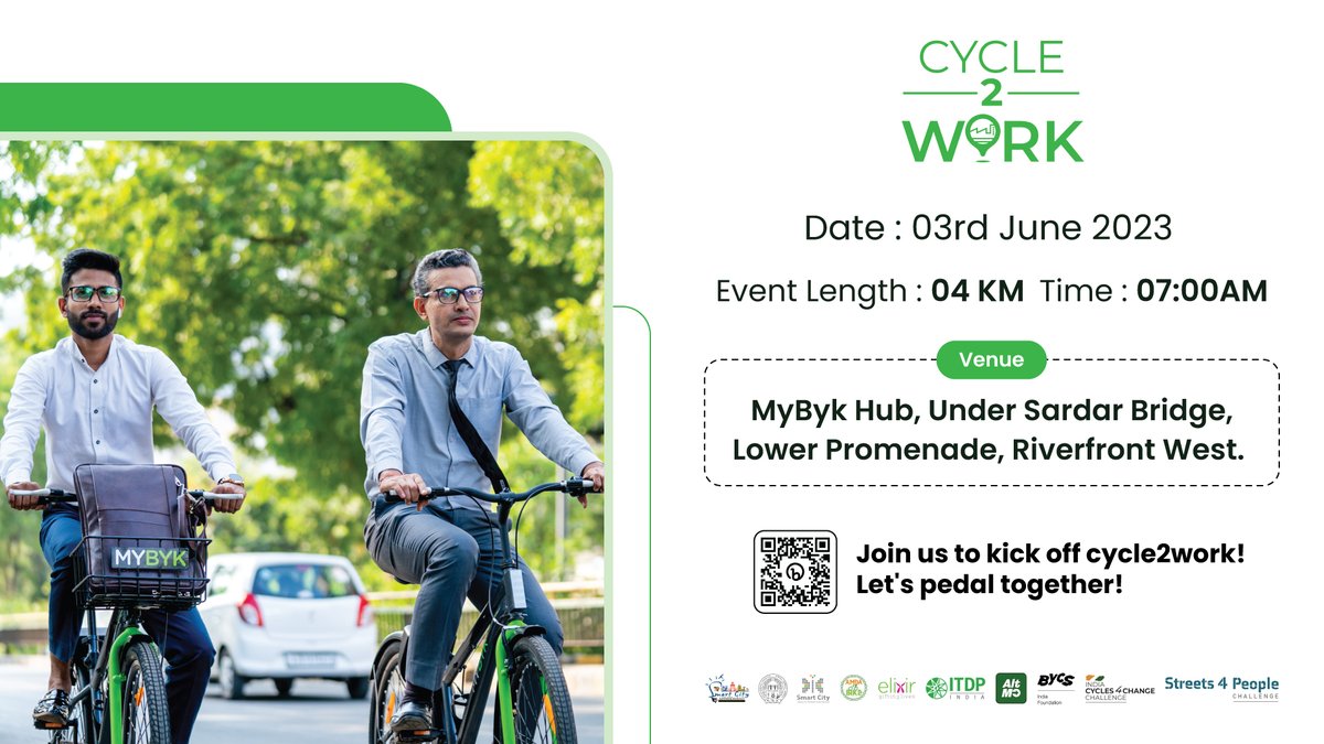 Calling all professionals, tech enthusiasts, and everyday heroes of Ahmedabad!

Get ready for #Cycle2Work, an incredible opportunity to network, collaborate, and display your pedal power!

Secure your spot for the kick-off event: bit.ly/3M6pN86

#SmartCityAhmedabad