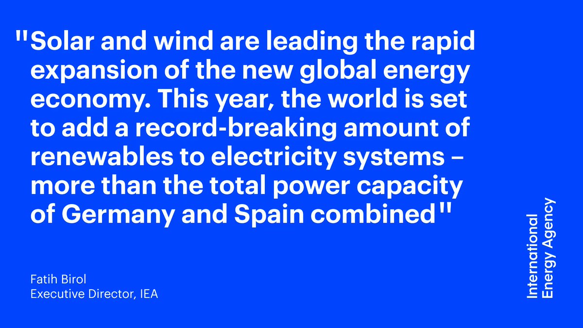 International Energy Agency (@IEA) on Twitter photo 2023-06-01 11:35:01 ๐ฃ โThe world is set to add a record-breaking amount of renewables to electricity systems โ more than the total power capacity of Germany & Spain combinedโ ย Read more from IEA Executive Director @fbirol on the latest trends in renewable energy markets โ iea.li/3qbU9xi ๐ฃ โThe world is set to add a record-breaking amount of renewables to electricity systems โ more than the total power capacity of Germany & Spain combinedโ ย Read more from IEA Executive Director @fbirol on the latest trends in renewable energy markets โ iea.li/3qbU9xi