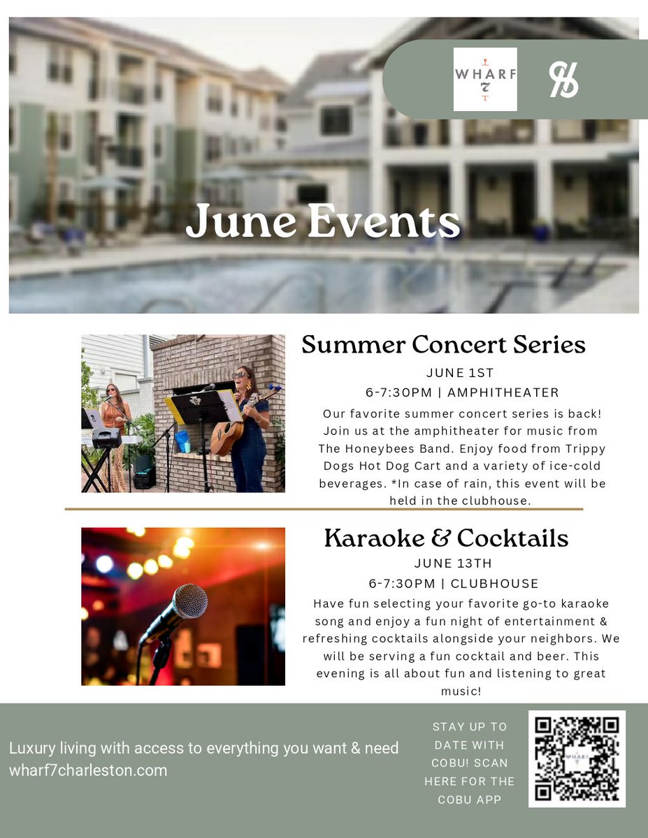 Wharf7_DI's tweet photo. The summer of fun is heating up at Wharf 7 this month!

We will see you all tonight for our Summer Concert Series with The HoneyBees Band 
#LoveWhereYouLive #WeLoveOurResidents #Summertime #ResidentEvents #Amenities #Community #Lifestyle #Wharf7 #Charleston #SocialHub https://t.co/v0BAq5Jbqz