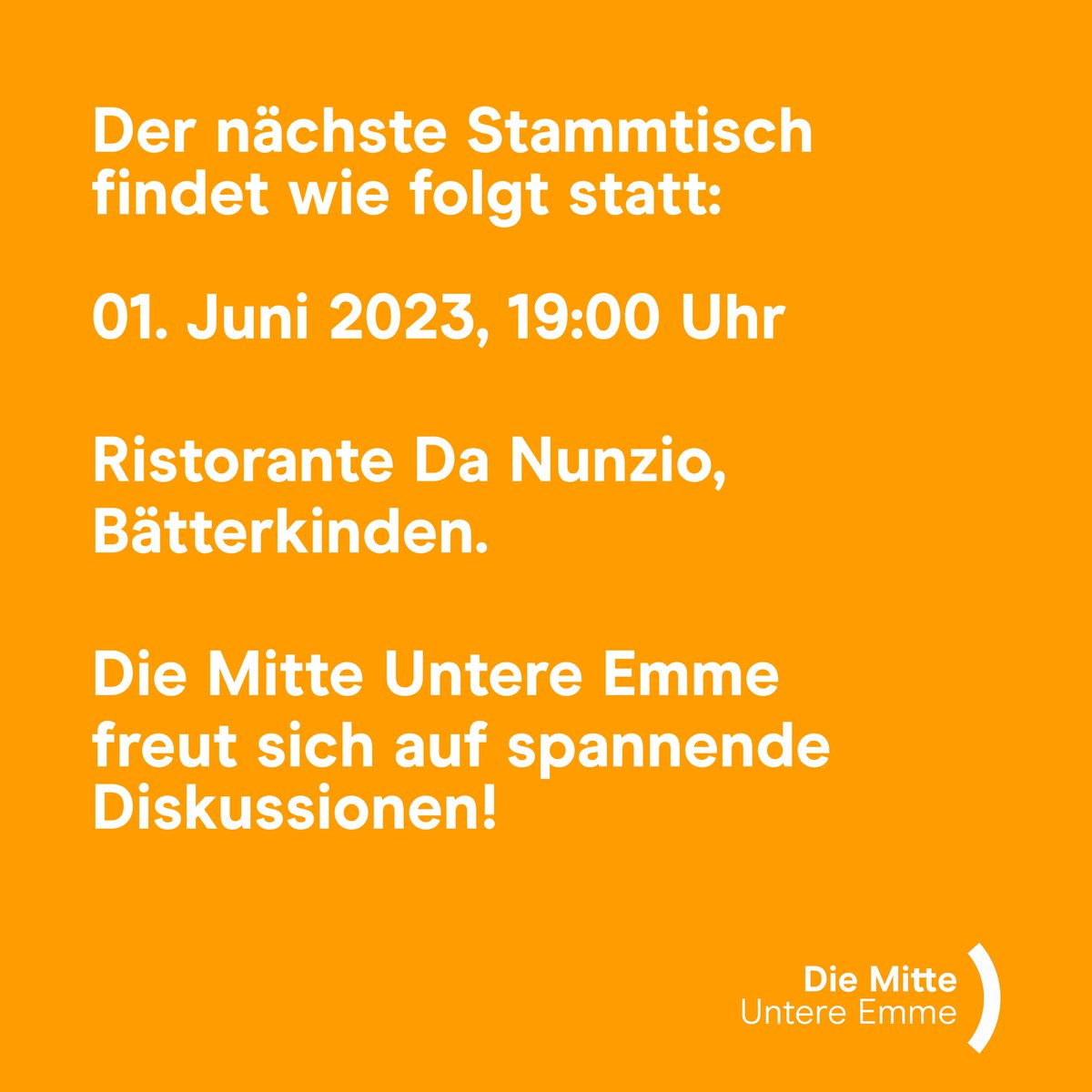 Heute Abend ist die nächste Ausgabe unseres Stammtisches! Wir treffen uns im Ristorante Da Nunzio in #Bätterkinden ab 19:00 Uhr. Wir freuen uns auf euch! #DieMitte #UntereEmme