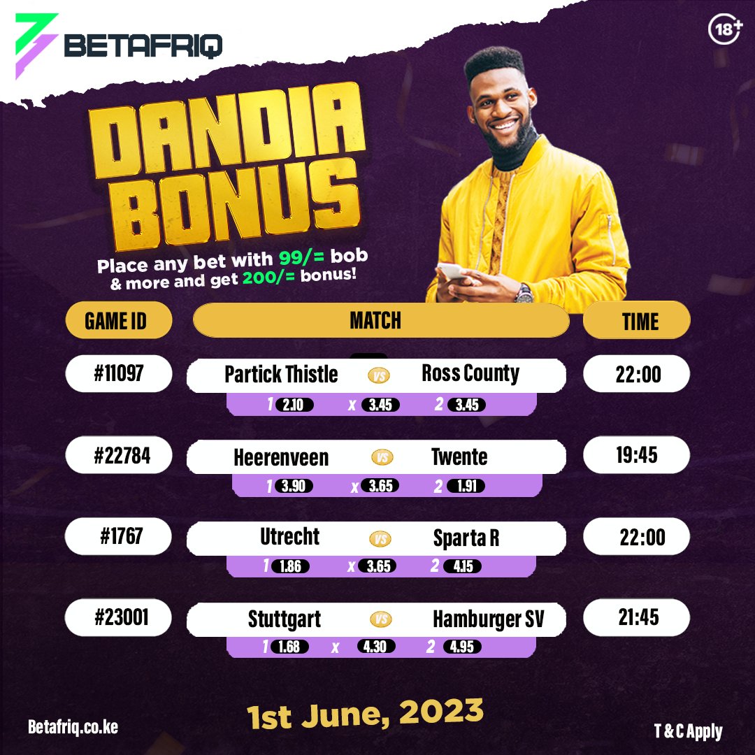 KOT OCS👮👮 (@WaruiJohn2) on Twitter photo 2023-06-01 11:38:04 Thursday night football with a host of games on the card! @BetafriqKe is giving out 200 cash bonus once you stake with 99 bob and above! There is also 20% cashback bonus in any lost multibet! Nani kama Betafriq! Play now Betafriq.co.ke Thursday night football with a host of games on the card! @BetafriqKe is giving out 200 cash bonus once you stake with 99 bob and above! There is also 20% cashback bonus in any lost multibet! Nani kama Betafriq! Play now Betafriq.co.ke