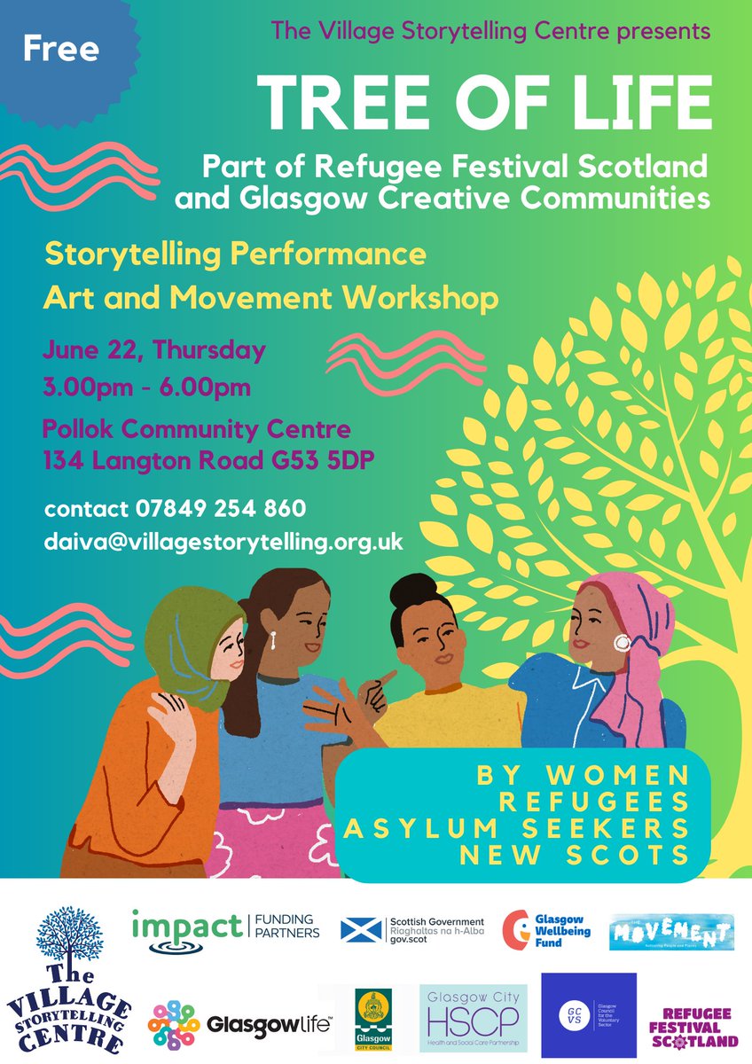 Don't miss Tree of Life, a Storytelling performance, arts and movement workshop created by our group Voices of Peace, as part of #RefugeeFestScot. 📍 3-6pm at Pollok Community Centre, all welcome Register for your free place at buff.ly/3oKmF8X #TheMovement #Hope