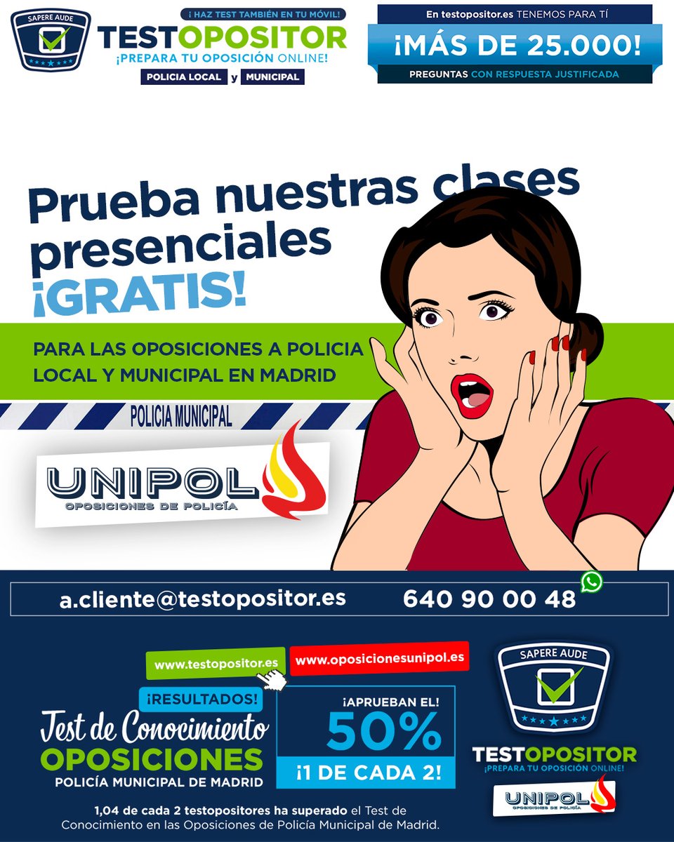 Testopositor1's tweet photo. Prueba nuestras clases presenciales ¡GRATIS!
‍🎓 https://t.co/2y7AXA2rwJ
¡Ya somos Academia de Formación!
Infórmate en a.cliente@testopositor.es o en el teléfono: 640 90 00 48 #preparaoposicionpolicia #oposicionespoliciamadrid #academiaoposiciones #testopositor #testonline https://t.co/aLIVpXeLjJ