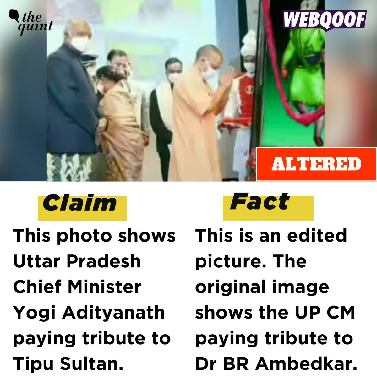 #WebQoof | An altered image of UP CM Yogi Adityanath paying tribute to Tipu Sultan has gone viral on social media as a real photo. 

Read here: shorturl.at/aehVY