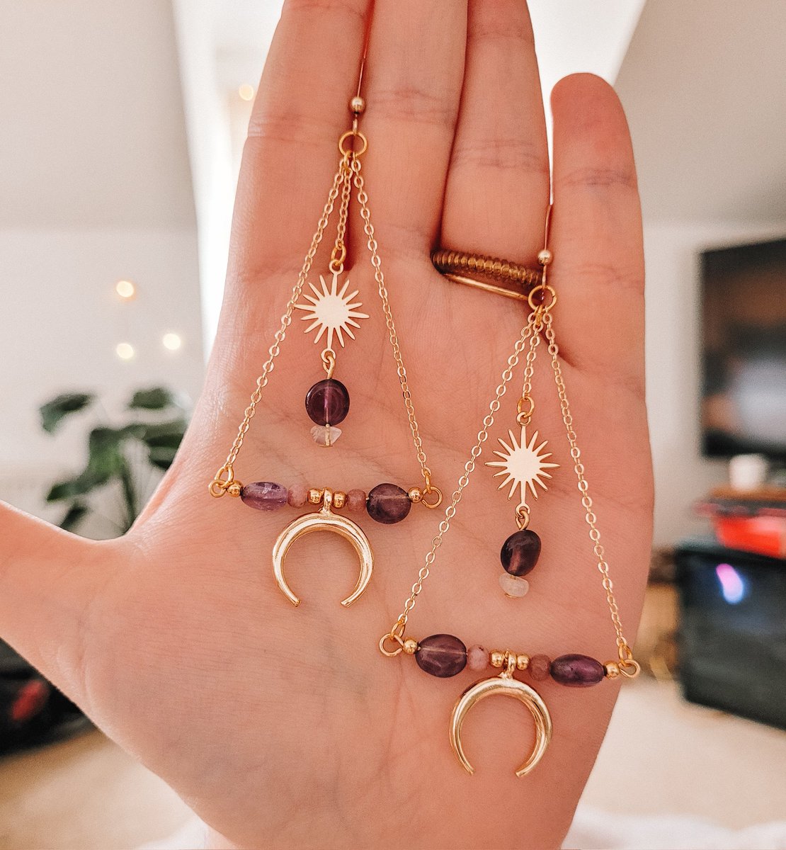 amethyst sun & moon chain dangles with gold filled hypoallergenic ear hooks 🔮✨️