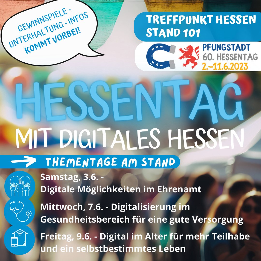Morgen startet der #Hessentag in #Pfungstadt und wir sind natürlich mit dabei - mit Infotagen am Stand, Wissenstests für Groß und Klein und digitaler sportlicher Betätigung.  Kommt vorbei! 😍

Wo? Treffpunkt Hessen, Stand 101, wir freuen uns auf euch.