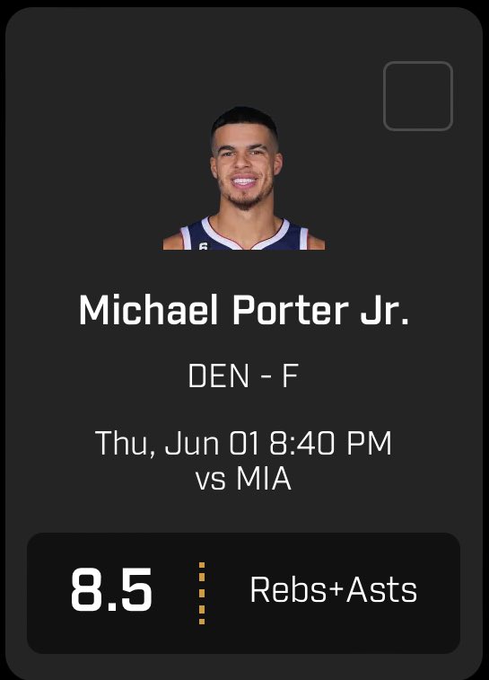 Free Prop 🍐

Michael Porter Jr. OVER 8.5 REB + ASTS

He’s been doing great on this line
7/10 (70%) in last 10 playoff games

Graphs easily accessible with @OutlierDotBet 

Join discord in bio for more picks

#GamblingTwitter #prizepicklocks #PrizePicks #PrizePicksnba