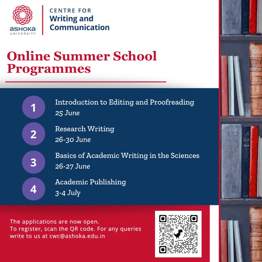 CWC_AshokaUniv's tweet photo. CWC Summer School | Applications open. See details below to apply @AshokaUniv 

#summerschool #AcademicChatter #academicwriting #researchwriting #ashokauniversity https://t.co/wGhGmfIPxR