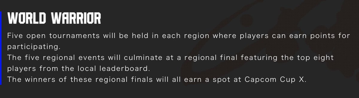 If there are five OPEN tournaments in each region, doesn’t that mean anybody can enter those five tournaments?

And if you finish in the top 8 of the “local” leaderboard you would qualify for the regional finals?

Am I reading it wrong?

#CPT2023
#StreetFighter6