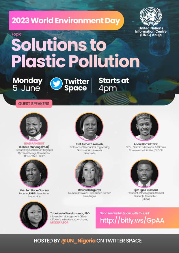5 June is  #WorldEnvironmentDay themed  'Solutions to Plastic Pollution'
Join <a href="/UN_Nigeria/">United Nations Nigeria</a> at Twitter Space as we commemorate the 50th anniversary of the #WorldEnvironmentDay.  
Let us discuss, engage and take action to #BeatPlasticPollution. 
Join 👉x.com/i/spaces/1OwGW…