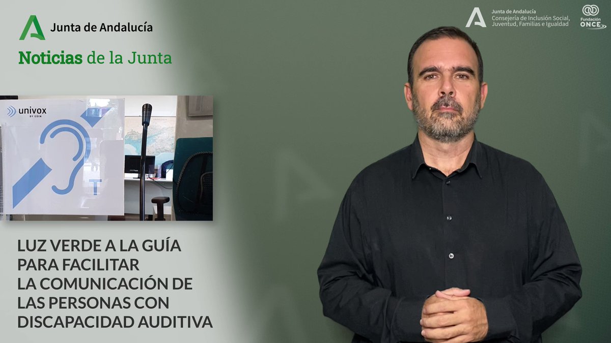 🔊 Noticia de la <a href="/AndaluciaJunta/">Junta de Andalucía</a> en #LenguadeSignosAndalucía 
Luz verde a la guía para facilitar la comunicación de las personas con discapacidad auditiva <a href="/IgualdadAND/">Inclusión Social, Juventud, Familias e Igualdad</a> <a href="/JuanMa_Moreno/">Juanma Moreno</a>   <a href="/loleslopez/">Loles López</a> <a href="/avanessagarcia/">Ana Vanessa García</a> <a href="/Fundacion_ONCE/">Fundación ONCE</a> @ info: fundacionaccesible.org/noticias_lse/2…
