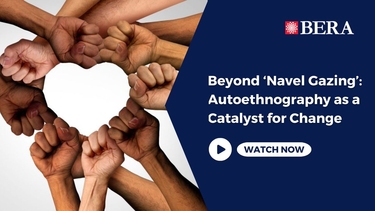 The event recording for 'Beyond ‘Navel Gazing’: Autoethnography as a Catalyst for Change' is now live!
#BERA_Autoethnography @BERA_SocJustice <a href="/JohnPar10942780/">John Parkin</a>

📹 Watch here: bera.ac.uk/media/beyond-n…