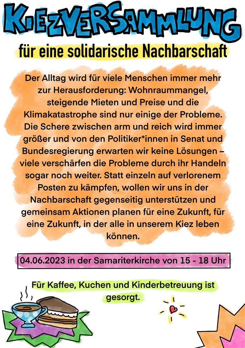 Kiezversammlung Friedrichshain am #b0406 in der Samariterkirche um 15 Uhr! ✊🌈 Kommt vorbei und lasst uns solidarisch miteinander für eine Stadt für alle kämpfen! Wir freuen uns auf euch!