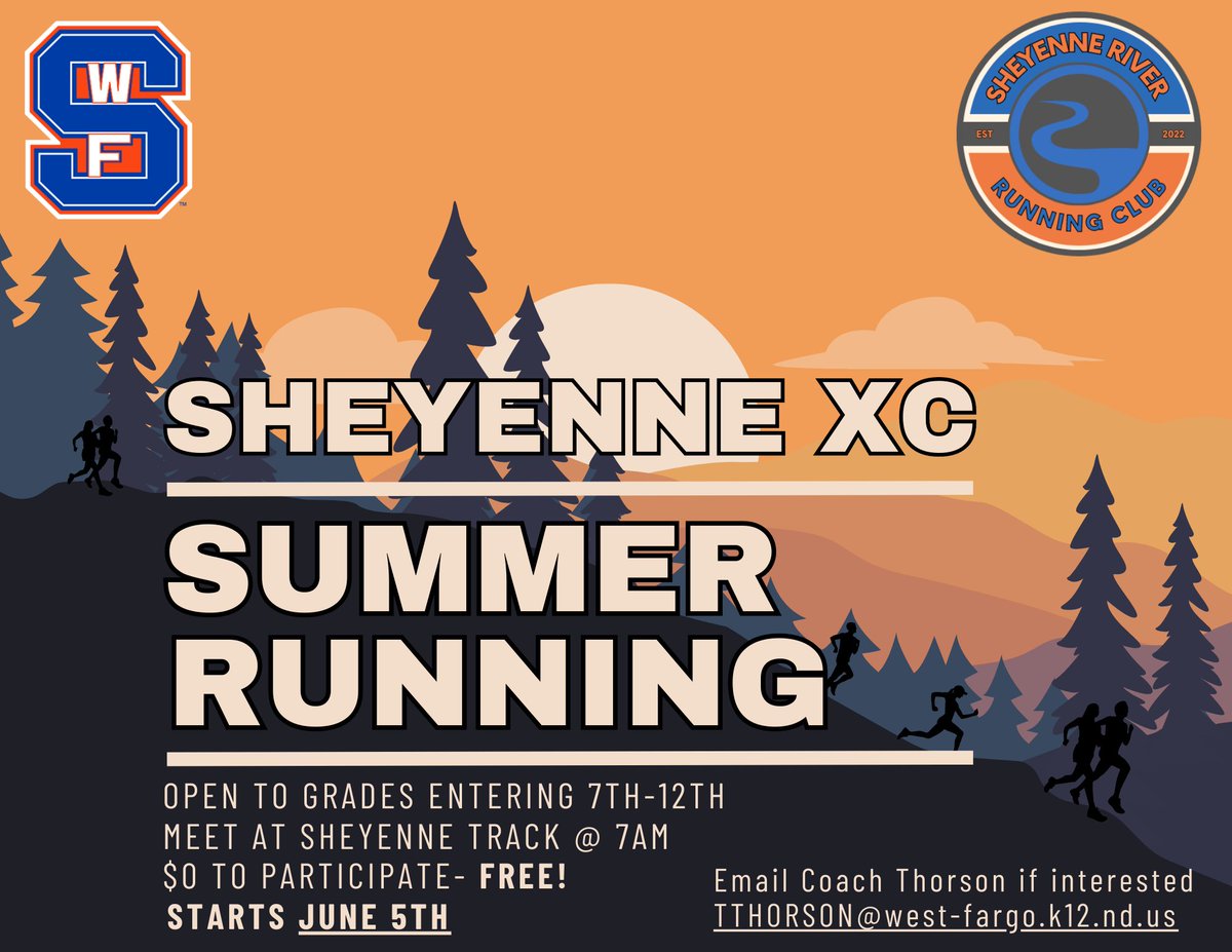 Reminder: Sheyenne XC summer running starts Monday, June 5th. Meet at the Sheyenne track at 7am.