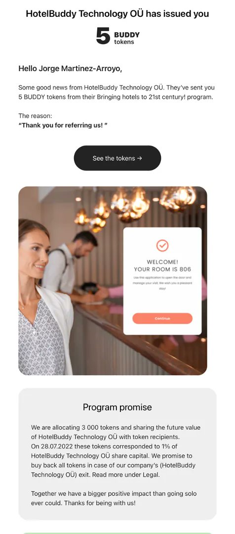 I just connected <a href="/hotelbuddy/">Denny Karas</a>, a startup for hotels, with some hotel groups and later    
I received some tokens from @kaddysadlo, their CEO. Great example of gratitude and best practice in using tokens for customers/stakeholders engagement.

#venturecapital #startups #CX #tokens