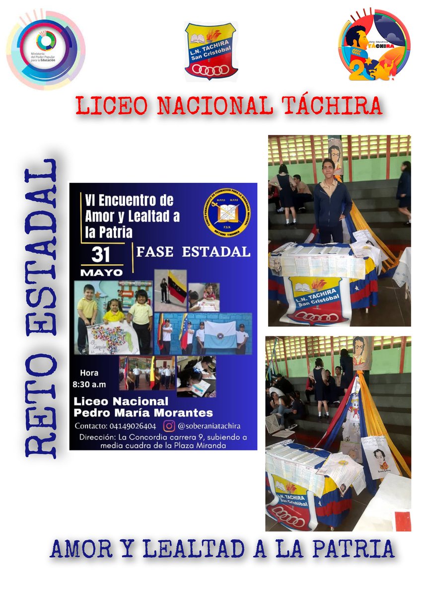 #31May LICEO NACIONAL TÁCHIRA PRESENTE EN EL RETO ESTADAL AMOR Y LEALTAD A LA PATRIA 2023.
@_laavanzadora 
@mppeducacion 
@berzabethg1 
@freddybernalven