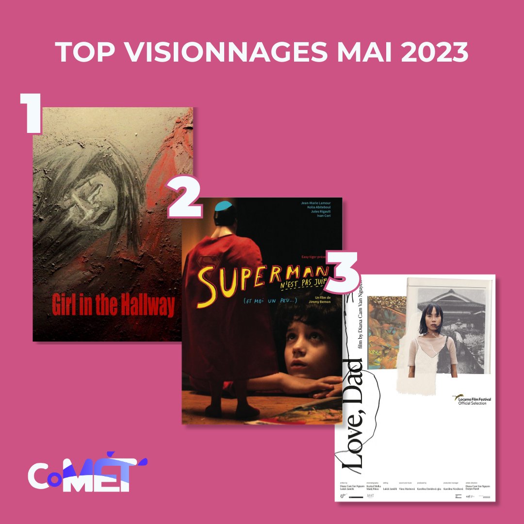 🏆 Voici les films les plus visionnés du mois de mai !  

- Girl in the Hallway 👧
- Superman n'est pas juif (et moi un peu ...) 🦸🏻‍♂️
-  Love, Dad 👨‍👧   

Quel est votre préféré des trois ?   

#comet #courtmetrage #film #cinema #svod #vod