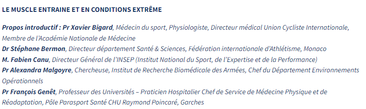 SemaineDuMuscle's tweet photo. #AssisesDuMuscle : dans quelques instants, reprise des travaux de nos experts sur "le muscle entrainé et en conditions extrêmes", une table ronde introduite par le Pr Xavier Bigard (médecin du sport, @UCI_cycling , @acadmed) https://t.co/o5niWE6C3E