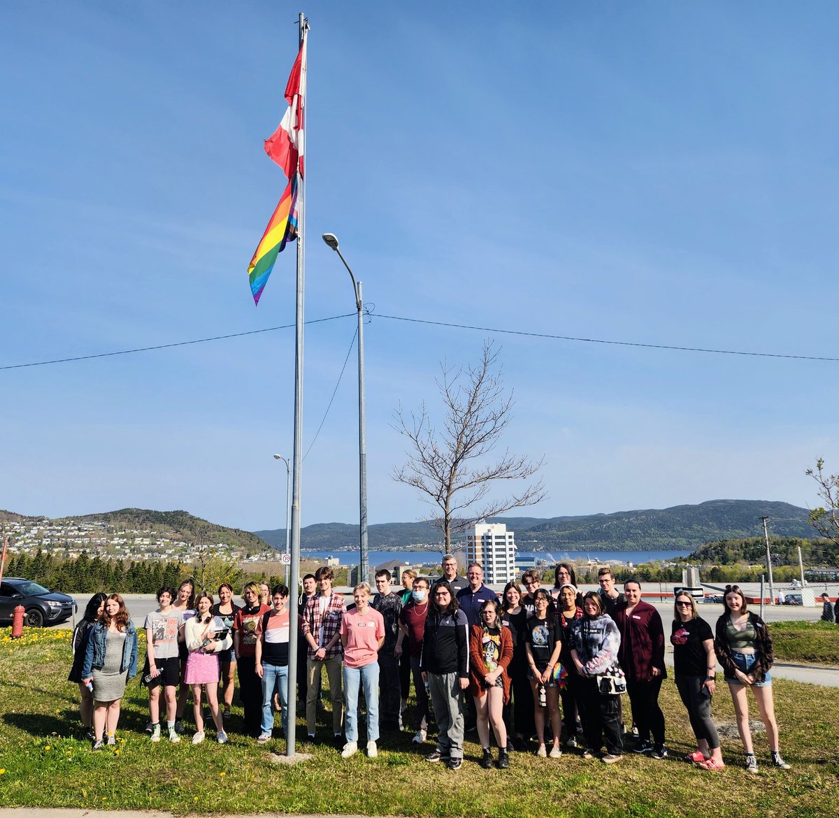cbrh's tweet photo. Kicking off #PrideMonth2023 with the raising of the flag and pronoun stickers. https://t.co/3enXRpXWfx