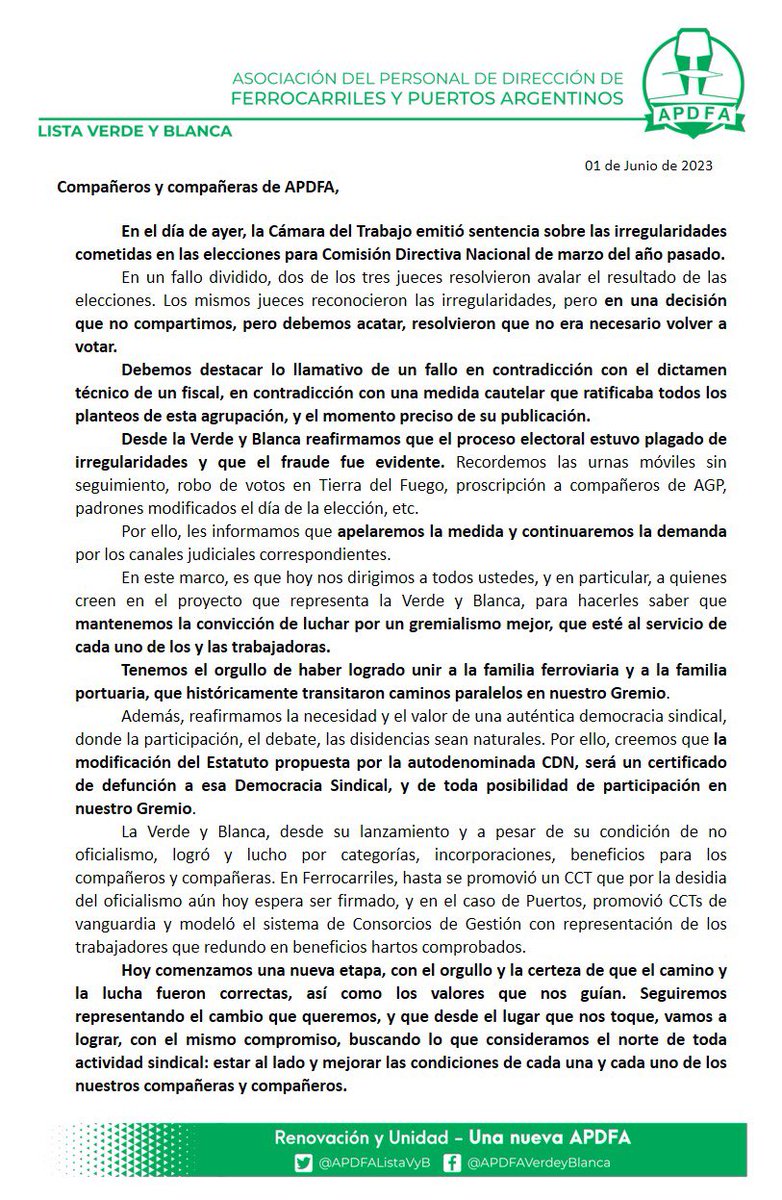 AgrupacionVyB's tweet image. Carta Abierta de la Verde y Blanca.