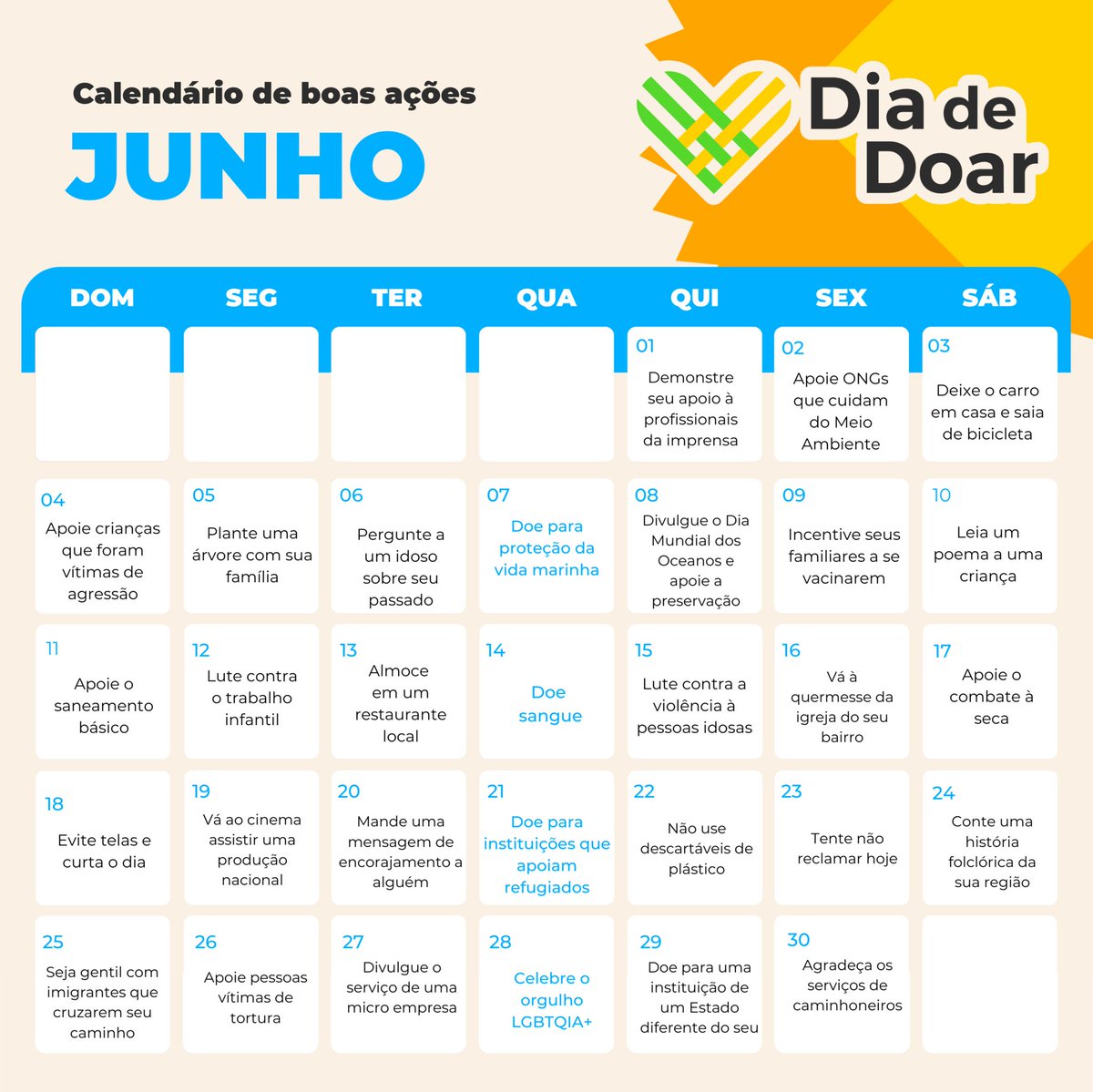 Junho chegou cheio de oportunidade para fazermos o bem, todos os dias!

Junte-se a nós e compartilhe gentileza e generosidade.

#DiadeDoar #CulturadeDoação #GivingTuesday