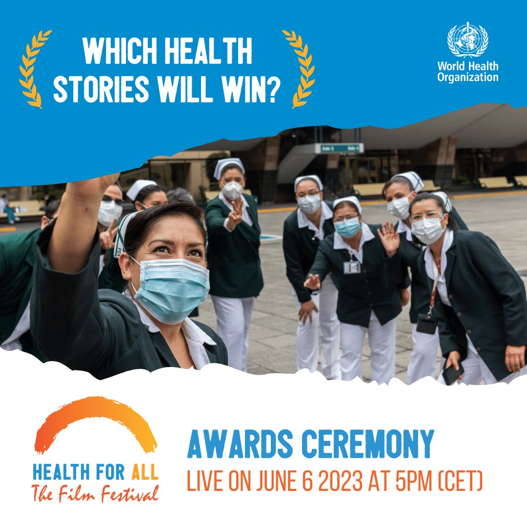 🏆 AWARDS CEREMONY ON THE WAY ✨ 

Explore the official selection of the WHO #HealthForAll Film Festival & support your favorite films using #Film4Health.

Join us on 6 June at the awards ceremony, when the winners are revealed! 🎬 who.int/film-festival