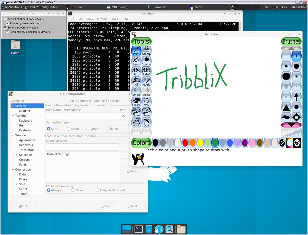 ptribble's tweet image. Just for fun, Tux Paint and putty running under Xfce on a Tribblix SPARC system

#illumos #tribblix #sparc